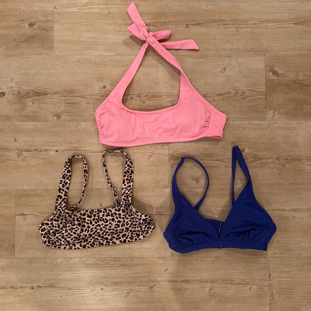 SET OF THREE target bathing suit tops: Blue sparkle, Leopard, Bright pink